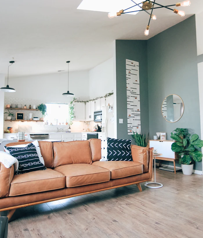 A bright, freshly cleaned living room with a leather sofa and plants