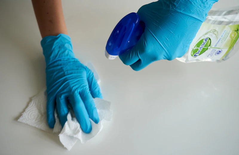 Gloved hand wiping down a white countertop